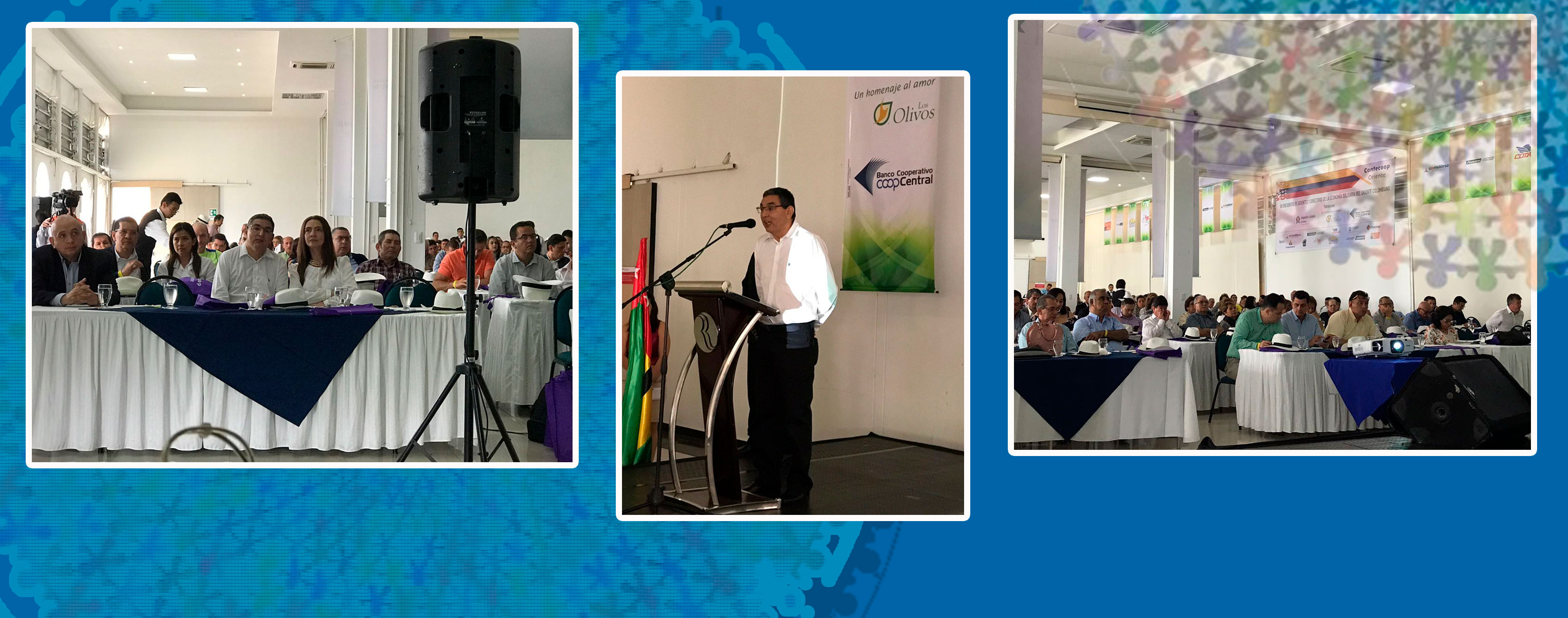 En la imagen observamos a la izquierda una fotografía de la mesa directiva incluyendo al Superintendente de la Economía Solidaria, en el centro una segunda fotografía del Superintendente durante su exposición, a la derecha fotografía panorámica de los asistentes al evento.