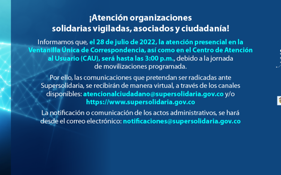 El jueves 28 de julio, Supersolidaria prestará atención presencial hasta las 3:00 p.m.