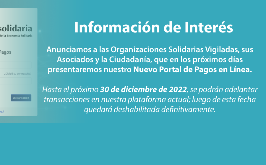 Imagen en formato de banner web en el que se anuncia el cambio del portal para pagos en línea de la Supersolidaria