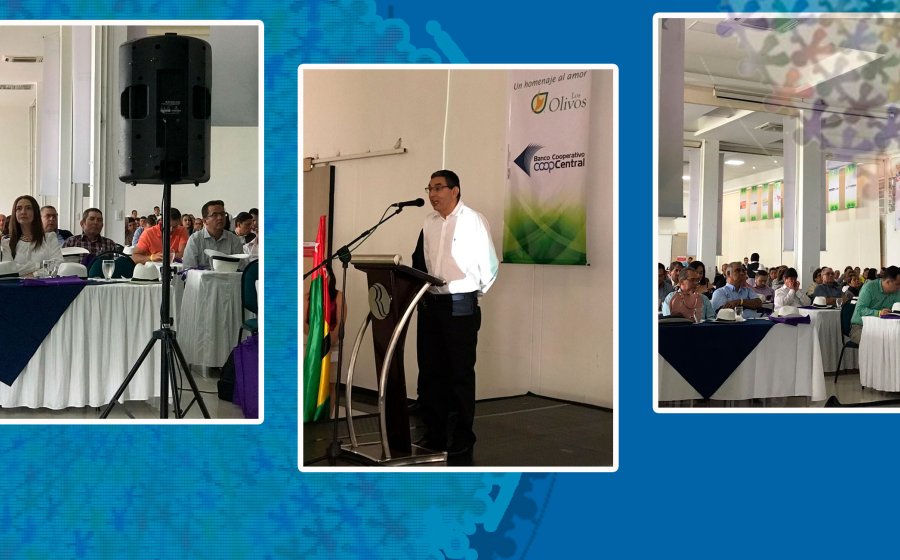 En la imagen observamos a la izquierda una fotografía de la mesa directiva incluyendo al  Superintendente de la Economía Solidaria, en el centro una segunda fotografía del Superintendente durante su exposición, a la derecha fotografía panorámica de los asistentes al evento.